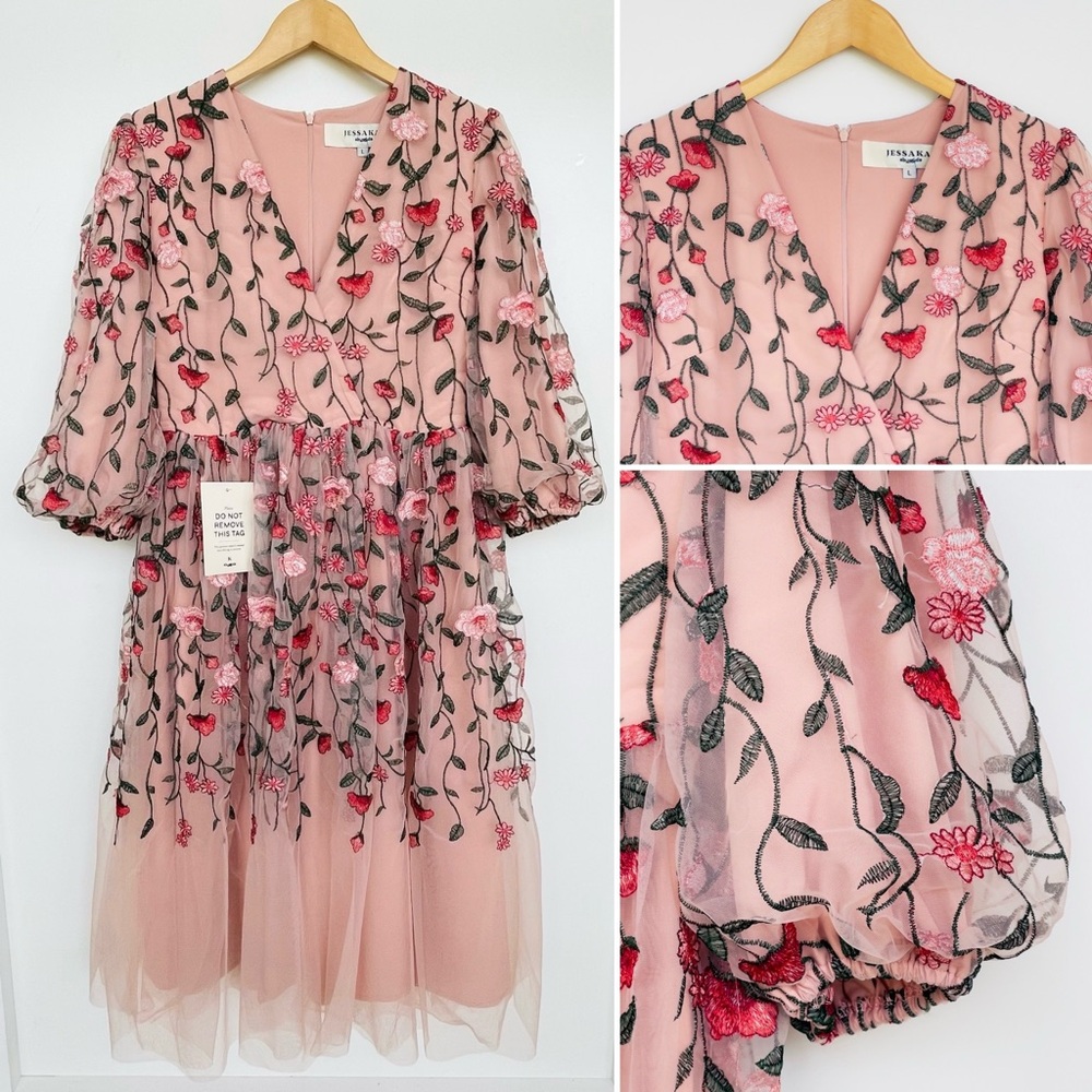 JessaKae Embroidered Holly Dress Blush Pink Tulle Floral 3/4 Sleeve V-Neck Lined - Picture 4 of 13